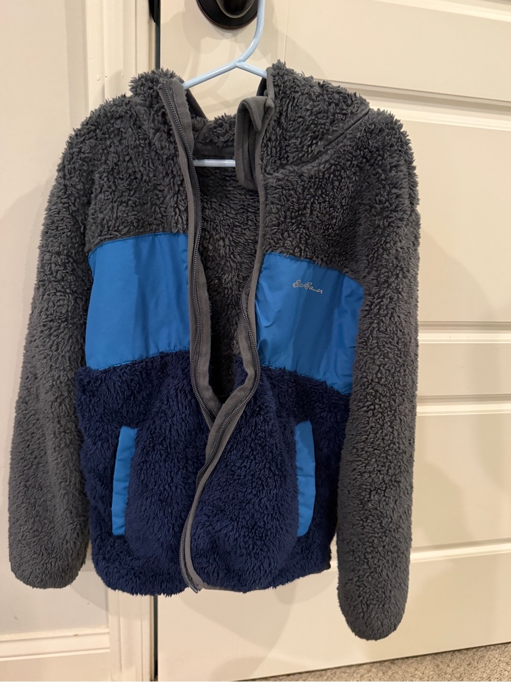 Eddie Bauer Kids Gray Sherpa Jacket with Navy and Bright Blue Panels